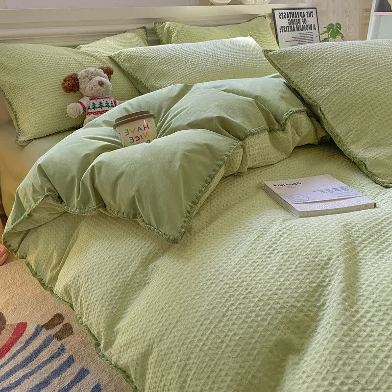 Biancheria da letto in puro cotone con trama a nido d'ape - Verde chiaro - Matrimoniale Grande - image 0