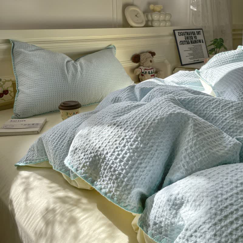 Biancheria da letto in puro cotone con trama a nido d'ape - Blu e giallo - Matrimoniale Grande - image 12