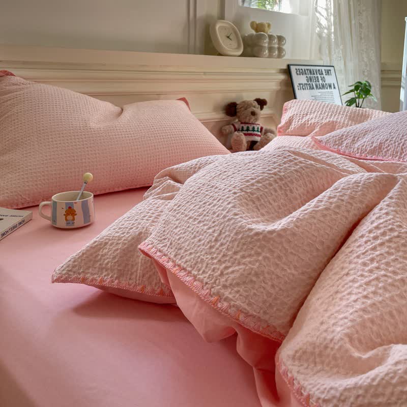 Biancheria da letto in puro cotone con trama a nido d'ape - Rosa - Matrimoniale Grande - image 10