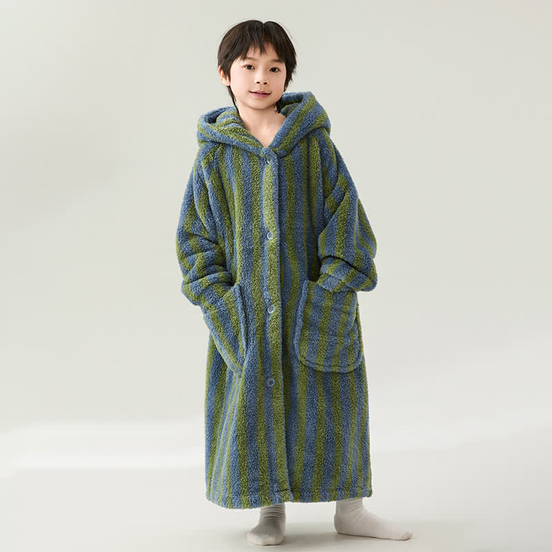 Accappatoio caldo in peluche con cappuccio a righe per bambini - image 4