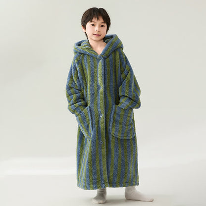 Accappatoio caldo in peluche con cappuccio a righe per bambini - image 4