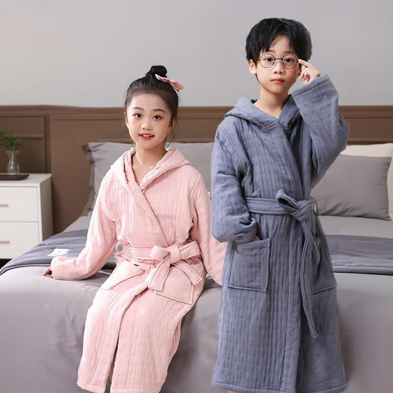 Accappatoio per bambini con cappuccio in garza di cotone tinta unita - image 0