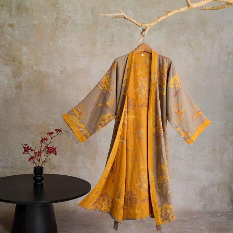 Kimono in garza di cotone jacquard con motivo paesaggistico - Giallo - XL - image 0