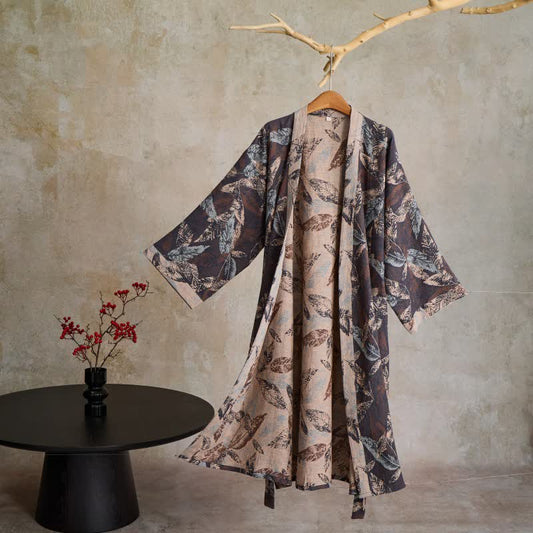 Kimono in garza di cotone jacquard a foglie - Nero - XL - image 0