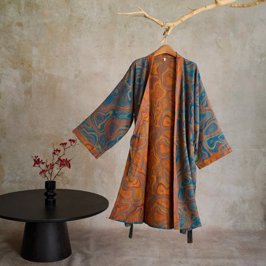 Kimono in cotone con motivo astratto artistico - Blu - L - image 0
