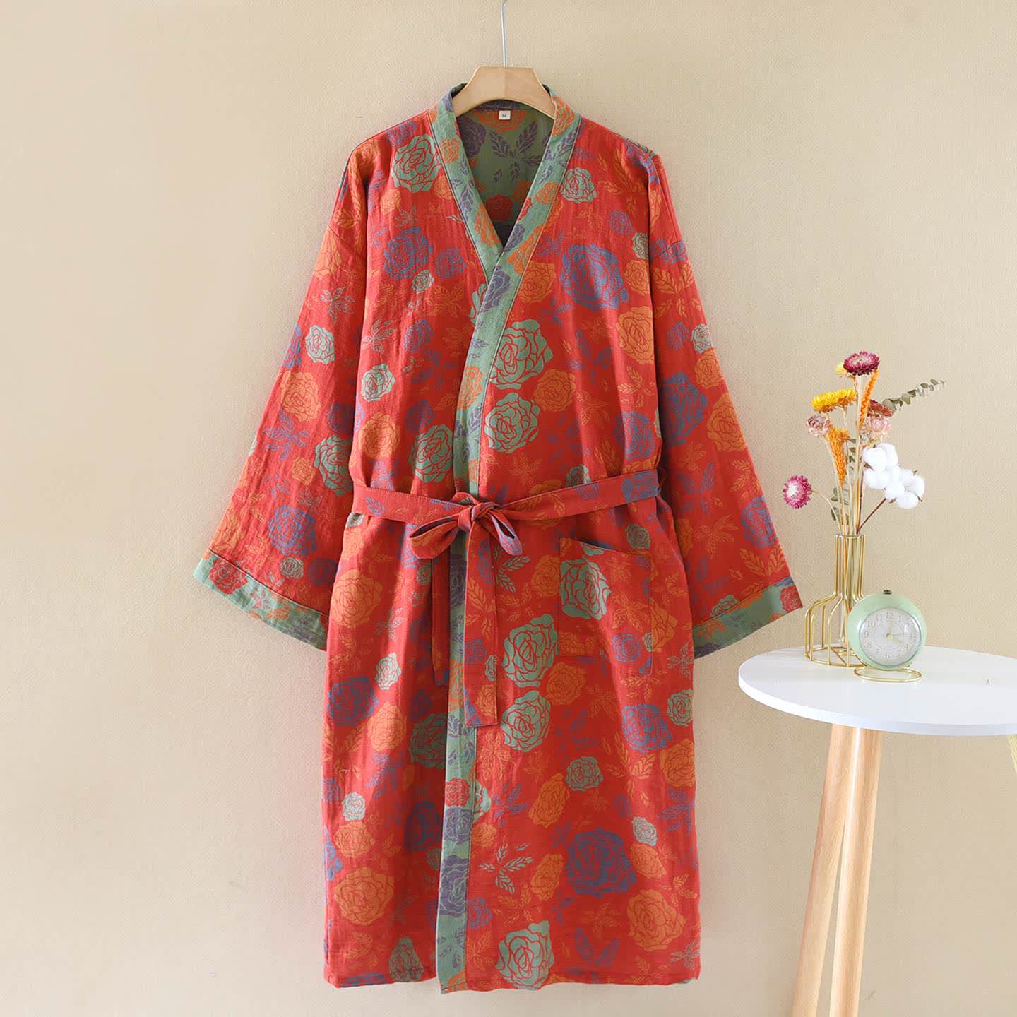 Kimono in garza di cotone con motivo a rose romantiche - Rosso - XL - image 0