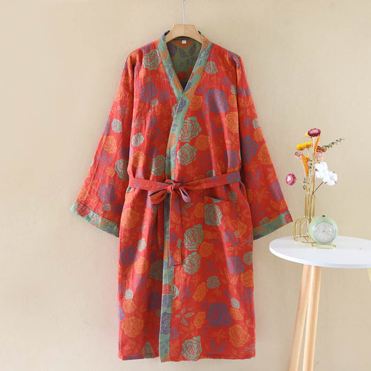 Kimono in garza di cotone con motivo a rose romantiche - Rosso - XL - image 0