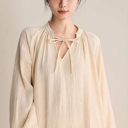 Camicia da notte in cotone con scollo a V e papillon - image 3