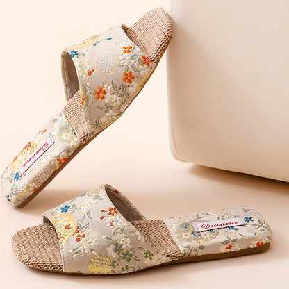 Pantofole da casa in lino con ricami floreali - Beige - L - image 12