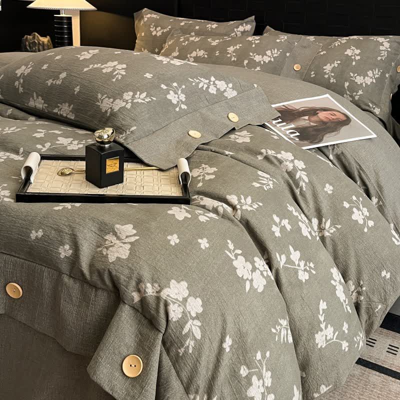Set di biancheria da letto con bottoni in lino floreale vintage (4 pezzi) - Matrimoniale Grande - image 0