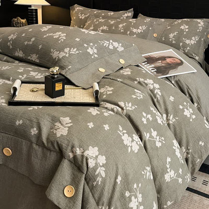 Set di biancheria da letto con bottoni in lino floreale vintage (4 pezzi) - Matrimoniale Grande - image 0
