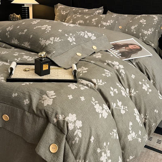 Set di biancheria da letto con bottoni in lino floreale vintage (4 pezzi) - Matrimoniale Grande - image 0