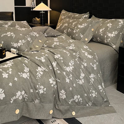 Set di biancheria da letto con bottoni in lino floreale vintage (4 pezzi) - image 2