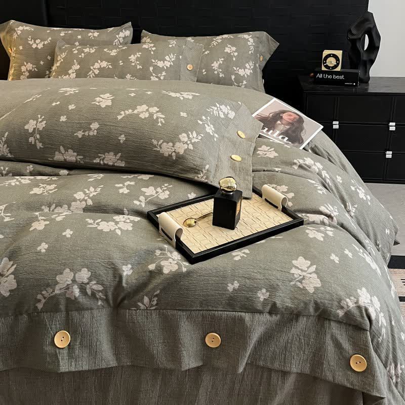 Set di biancheria da letto con bottoni in lino floreale vintage (4 pezzi) - image 1