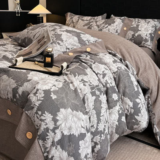 Set di biancheria da letto con bottoni in lino Blooming Flower (4 pezzi) - Matrimoniale Grande - image 0