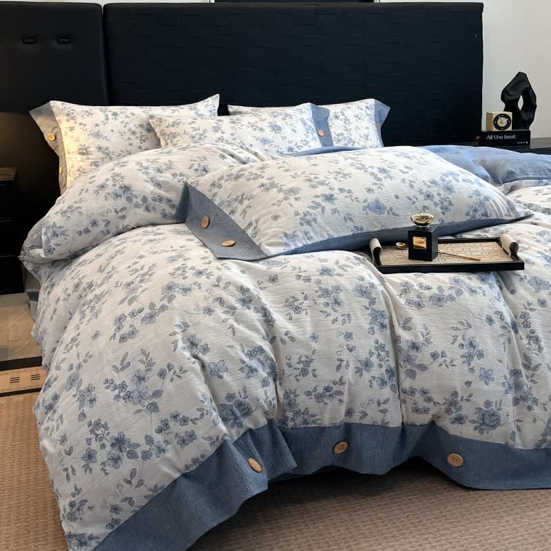 Set di biancheria da letto con bottoni in lino floreale blu (4 pezzi) - image 2