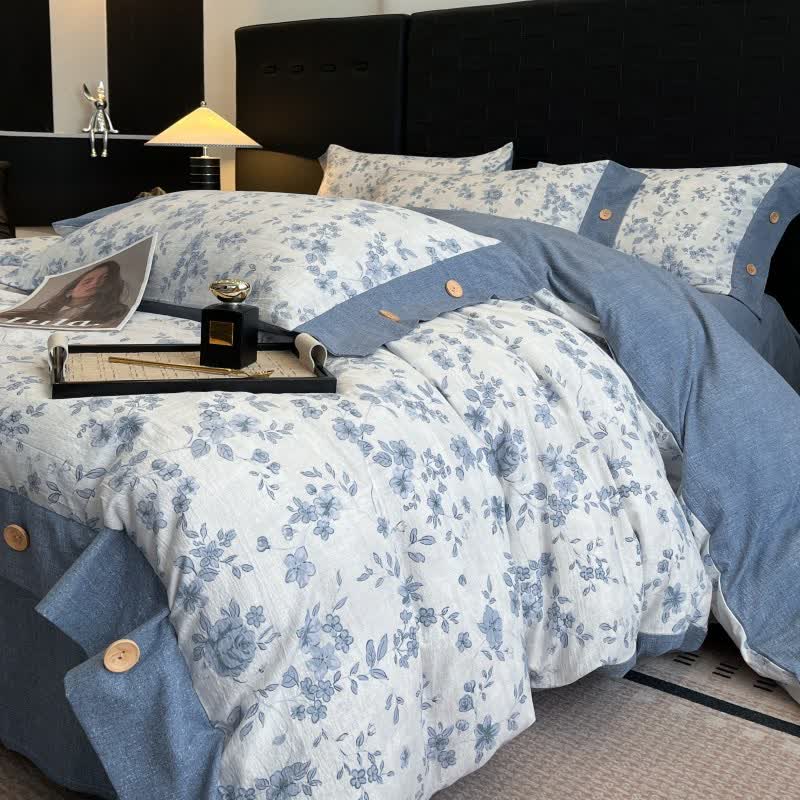Set di biancheria da letto con bottoni in lino floreale blu (4 pezzi) - image 3