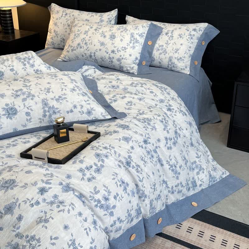 Set di biancheria da letto con bottoni in lino floreale blu (4 pezzi) - image 4