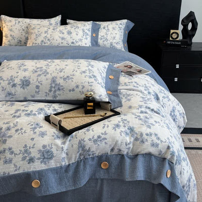 Set di biancheria da letto con bottoni in lino floreale blu (4 pezzi) - image 1
