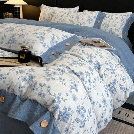 Set di biancheria da letto con bottoni in lino floreale blu (4 pezzi) - Matrimoniale Grande - image 0