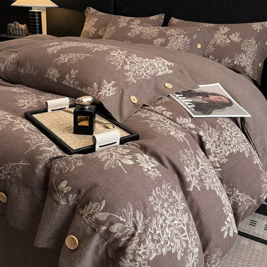 Set di biancheria da letto con bottoni in lino e foglie botaniche (4 pezzi) - Matrimoniale Grande - image 0