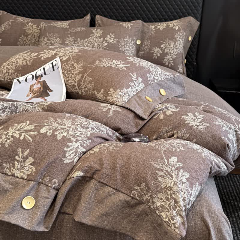 Set di biancheria da letto con bottoni in lino e foglie botaniche (4 pezzi) - image 1