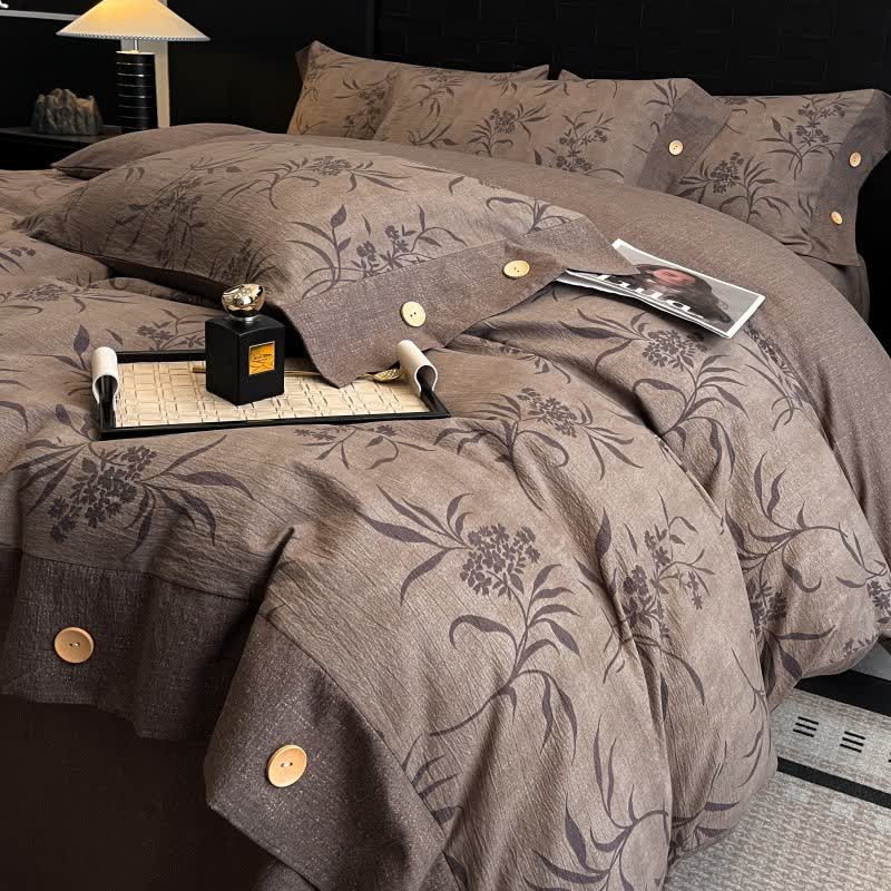 Set di biancheria da letto con bottoni in lino e foglie retrò (4 pezzi) - Matrimoniale Grande - image 0