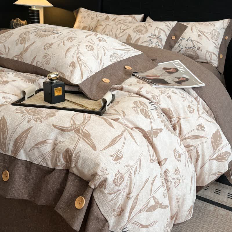 Set di biancheria da letto con bottoni in lino floreale (4 pezzi) - Matrimoniale Grande - image 0