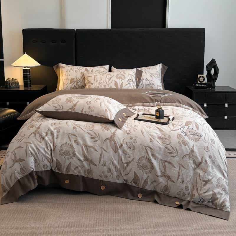 Set di biancheria da letto con bottoni in lino floreale (4 pezzi) - image 1