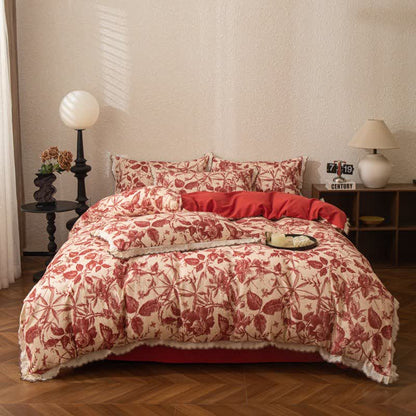 Set di biancheria da letto in cotone spazzolato con pizzo botanico rosso - image 1