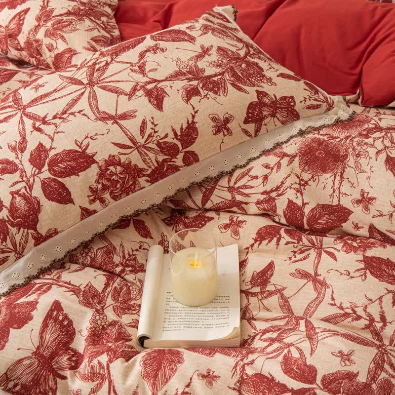 Set di biancheria da letto in cotone spazzolato con pizzo botanico rosso - image 3