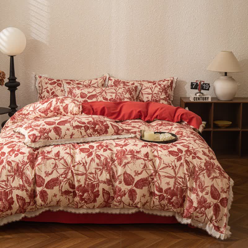 Set di biancheria da letto in cotone spazzolato con pizzo botanico rosso - image 2