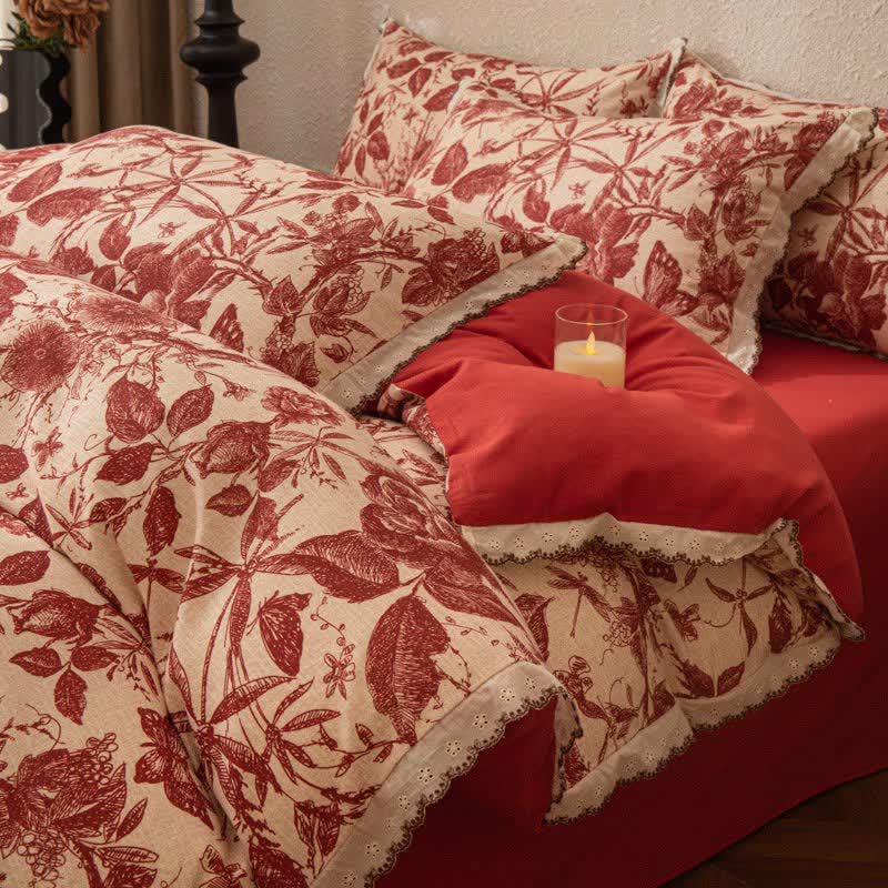 Set di biancheria da letto in cotone spazzolato con pizzo botanico rosso - Matrimoniale Grande - image 0