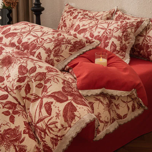 Set di biancheria da letto in cotone spazzolato con pizzo botanico rosso - Matrimoniale Grande - image 0