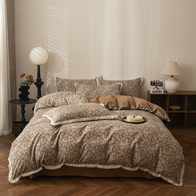 Set di biancheria da letto in cotone spazzolato con pizzo a foglia vintage - image 1