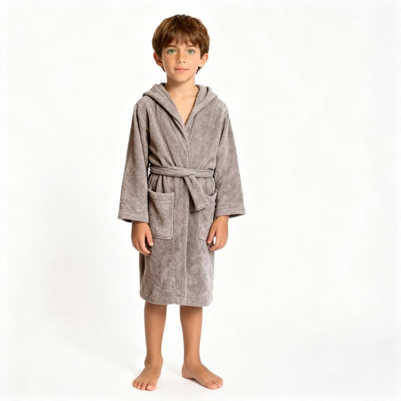 Accappatoio per bambini in cotone tinta unita con cappuccio. - Grigio - L - image 9