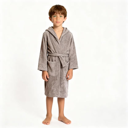 Accappatoio per bambini in cotone tinta unita con cappuccio. - Grigio - L - image 9
