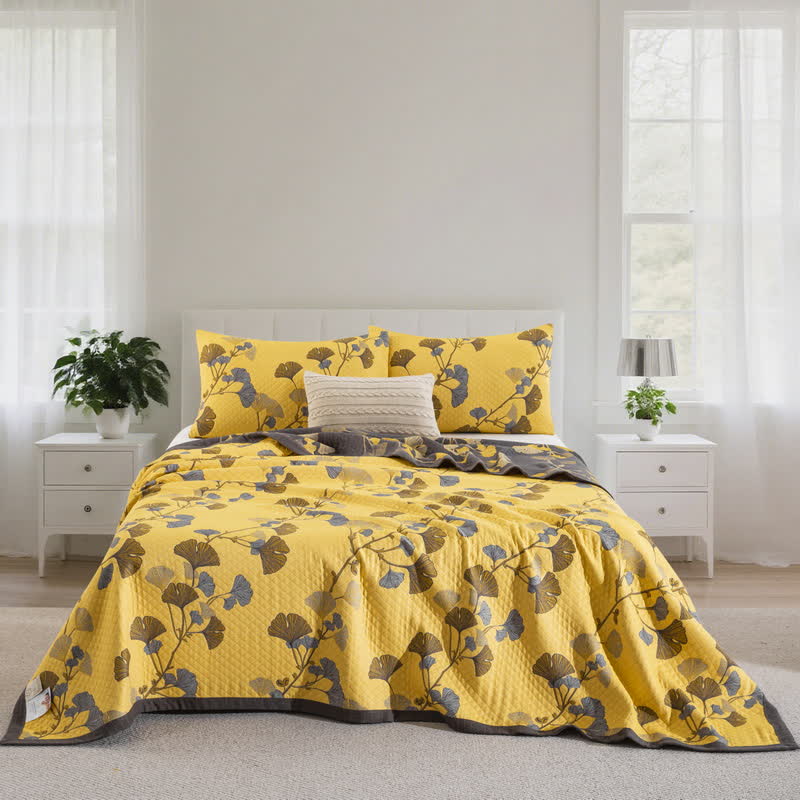 Trapunta reversibile in cotone biologico con foglie di ginkgo - Giallo chiaro - 2 federe - 51cm x 91cm - image 18