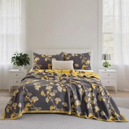 Trapunta reversibile in cotone biologico con foglie di ginkgo - Grigio scuro - 2 federe - 51cm x 91cm - image 26