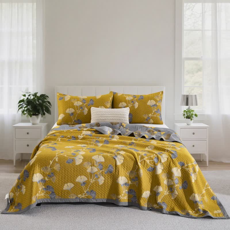 Trapunta reversibile in cotone biologico con foglie di ginkgo - Giallo scuro - 2 federe - 51cm x 91cm - image 34
