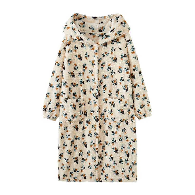 Accappatoio in peluche con cappuccio e bottoni in stile rustico floreale - image 3