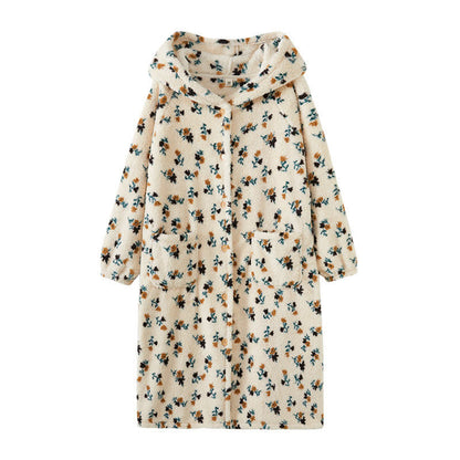 Accappatoio in peluche con cappuccio e bottoni in stile rustico floreale - image 3