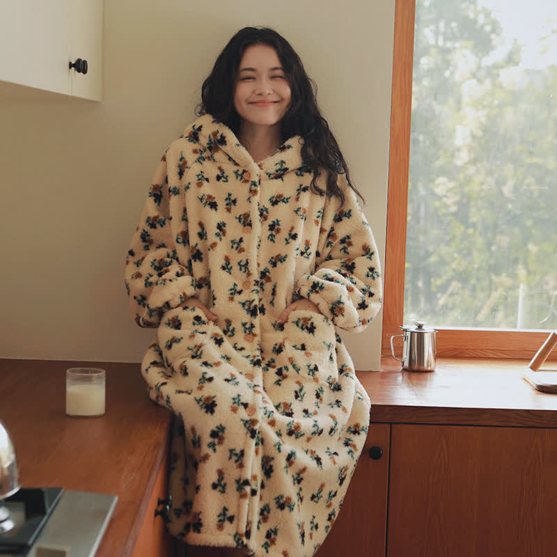 Accappatoio in peluche con cappuccio e bottoni in stile rustico floreale - Beige - XL - image 0