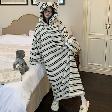 Vestaglia di peluche a righe con cappuccio a forma di orecchie d'orso - Bianco - 2XL - image 0