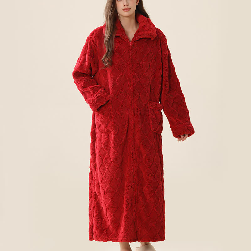 Accappatoio in peluche con cerniera e trama a diamante - Vino - XL - image 10