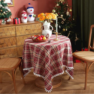 Tovaglia natalizia con fiocco di neve e nappe a quadri - 140cm x 260cm - image 0