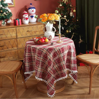 Tovaglia natalizia con fiocco di neve e nappe a quadri - 140cm x 260cm - image 0