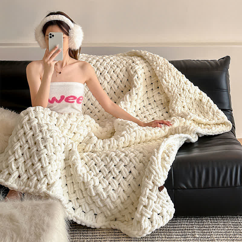 Chunky Knit Hand-Woven Throw Blanket - Beige - 51" x 67" - image 1