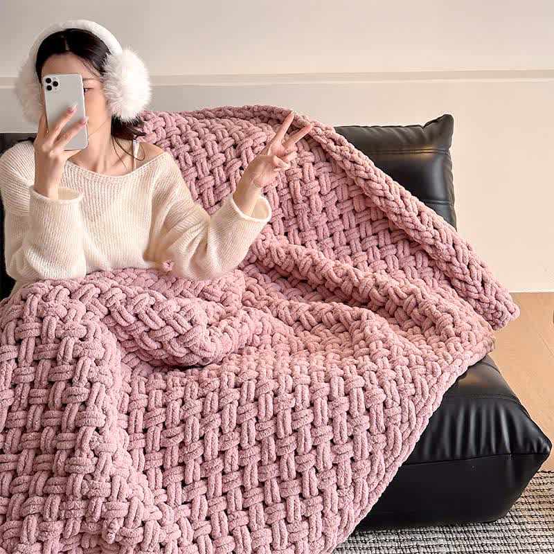 Chunky Knit Hand-Woven Throw Blanket - Pink - 51" x 67" - image 6