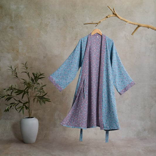 Vestaglia kimono in cotone jacquard floreale rustico - Blu - L - image 0